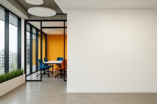 Modern office interior with glass-walled meeting room, orange accent wall, and colorful chairs offering a vibrant and creative workspace concept. Ai generative
