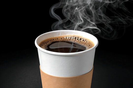 A steaming cup of black coffee in a white paper cup with a brown sleeve on a dark background