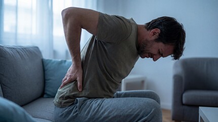 Man experiencing lower back pain while sitting on a modern sofa in a bright living room