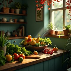 Fresh fruits and vegetables in a sunny kitchen setting Generative AI