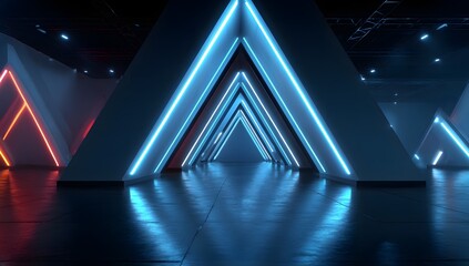 Illuminated futuristic tunnel with vibrant pink and blue neon lights reflecting on a polished floor
