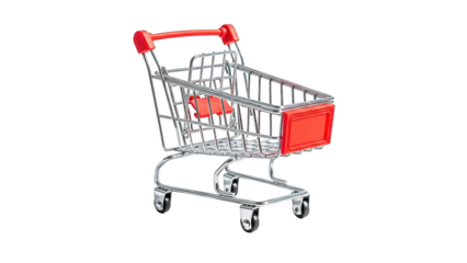 Miniature shopping cart with red handle isolated on transparent background
