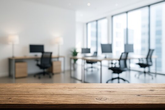 Wooden tabletop in front of modern open-plan office interior with minimalist design and large windows in daylight. Ai generative. Ai generative