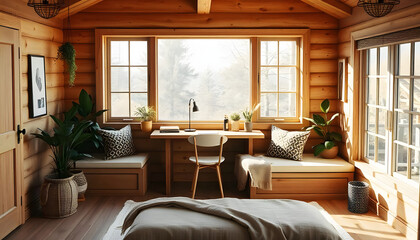 Fototapeta premium Comfortable Cabin Interior with Desk, Bed, and Natural Light Furnishing