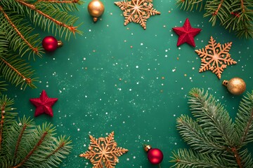 A flat lay of Merry Christmas and Happy Holidays greeting card, frame and banner. New Year. Noel. Golden and red Christmas ornaments on green background top view. Winter xmas holiday theme.