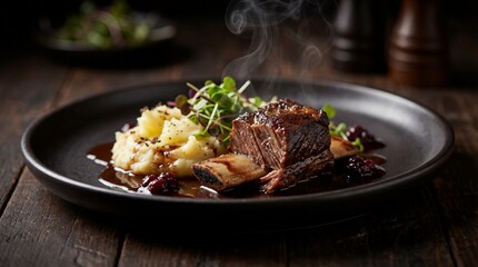 Professional food photography of a gourmet plated dish, dark rustic wood background