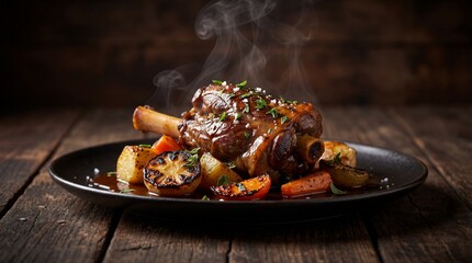Professional food photography of a gourmet plated dish, dark rustic wood background