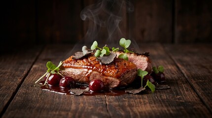 Professional food photography of a gourmet plated dish, dark rustic wood background