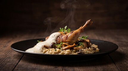 Professional food photography of a gourmet plated dish, dark rustic wood background