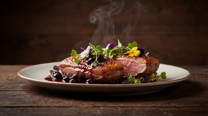 Professional food photography of a gourmet plated dish, dark rustic wood background
