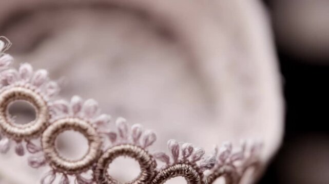 Close-up of crocheted lace trim with connected circular motifs and petal-like loops.
