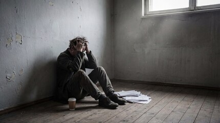 Person sitting on floor in distress with scattered papers and a coffee cup in an empty room