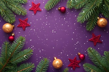 A flat lay of Merry Christmas and Happy Holidays greeting card, frame and banner. New Year. Noel. Golden and red Christmas ornaments on purple background top view. Winter xmas holiday theme.