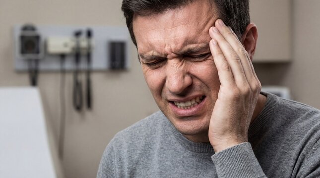 Man experiencing intense pain while holding his head in a medical setting