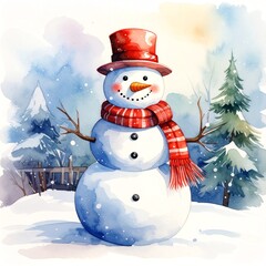 Obraz premium Watercolor painting of a snowman with a red hat on a snowy background