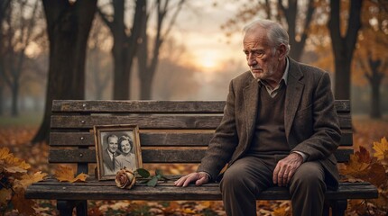 Elderly man sitting on a wooden bench in an autumn park with a framed photo and rose beside him