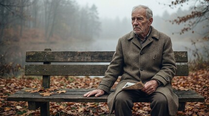 Elderly man sitting on a wooden bench in an autumn forest, holding an old photograph and looking contemplative