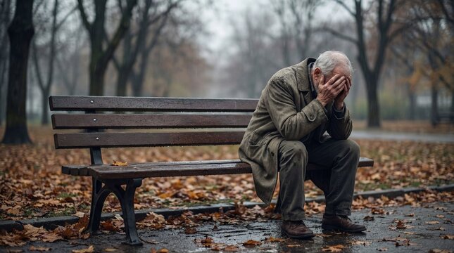 Elderly person sitting on a wet park bench surrounded by fallen autumn leaves in a misty forest