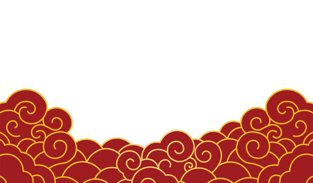 Chinese new year cloud border in traditional red and gold, festive swirling cloud pattern, Asian decorative frame for celebration poster, greeting card, packaging, branding, vector illustration