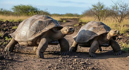 Massive Gal&aacute;pagos tortoise walking slowly with textured shell and ancient, calm appearance.