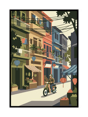 Busy Old Town Market Street With Lanterns