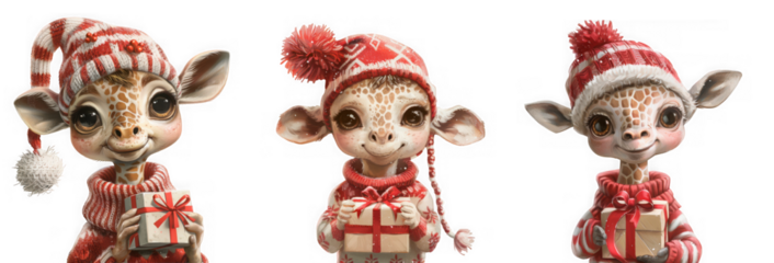 Three adorable baby giraffes wearing festive christmas hats and sweaters holding presents isolated on transparent background