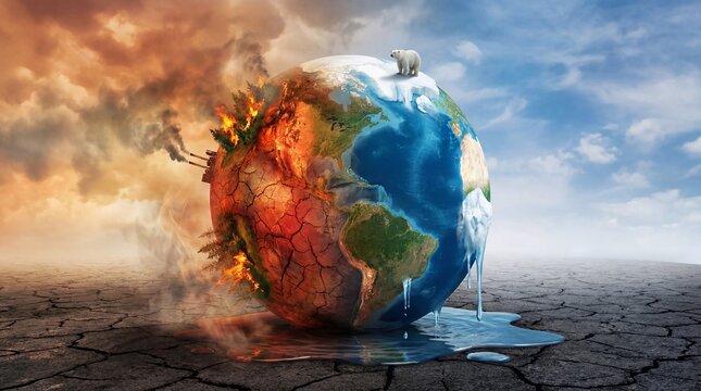 A polar bear stands on a cracked and burning globe with melting ice caps, symbolizing climate change and environmental destruction