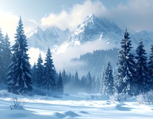 Serene mountain forest scene with snow-covered ground and misty pine trees under winter light