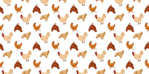A seamless farm-style pattern featuring hand-painted chickens in warm brown and cream tones. Soft white background creates a cozy rustic feel, perfect for textiles, wrapping paper, and country-themed