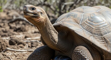 Massive Gal&aacute;pagos tortoise walking slowly with textured shell and ancient, calm appearance.