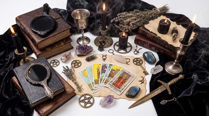 Mystical tarot reading setup with candles, crystals, books, and occult symbols on a dark cloth