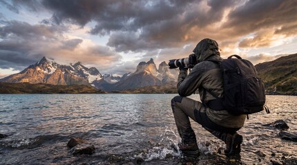 Photographer capturing majestic mountains at sunset by a serene lake
