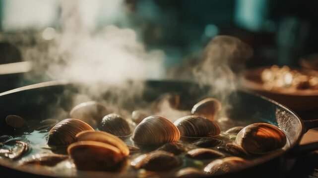Steaming clams in a pan.