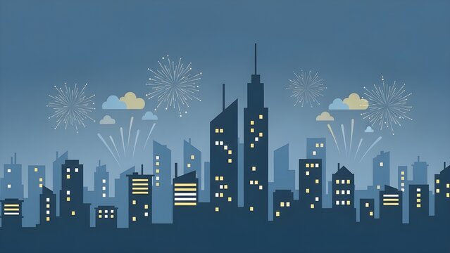 Cityscape silhouette with fireworks display against night sky