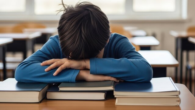 Asian male child struggling with schoolwork in classroom