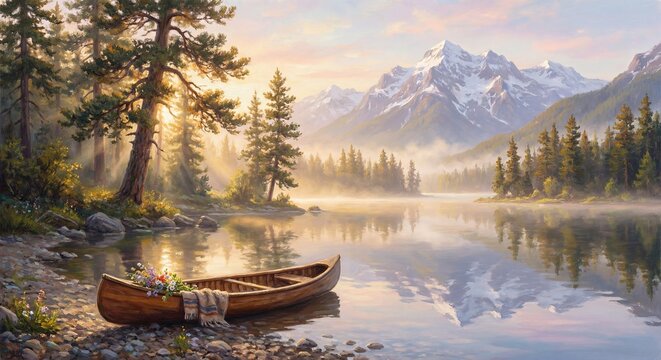 Serene mountain lake at sunrise with a wooden canoe resting on pebbled shore surrounded by tall pine trees