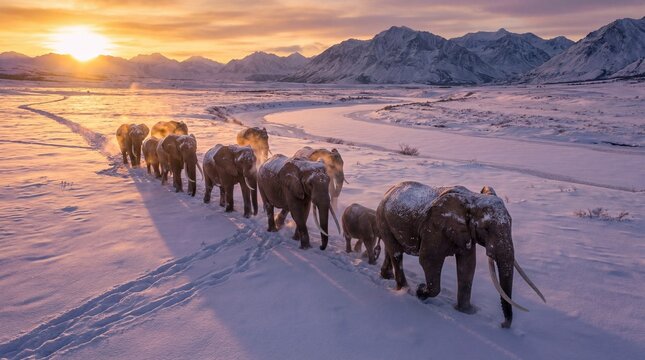 A herd of elephants walking through a snowy landscape at sunset with snow-covered mountains in the background