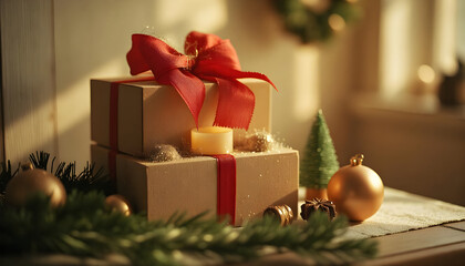 Elegant Holiday Gift Boxes with Red Ribbon and Candle in Warm Festive Lighting