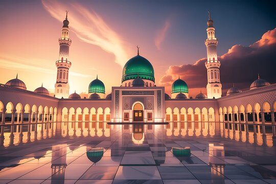 A grand mosque with green domes and tall minarets illuminated by a vibrant sunset, its reflection shimmering in a wet courtyard. - Powered by Adobe