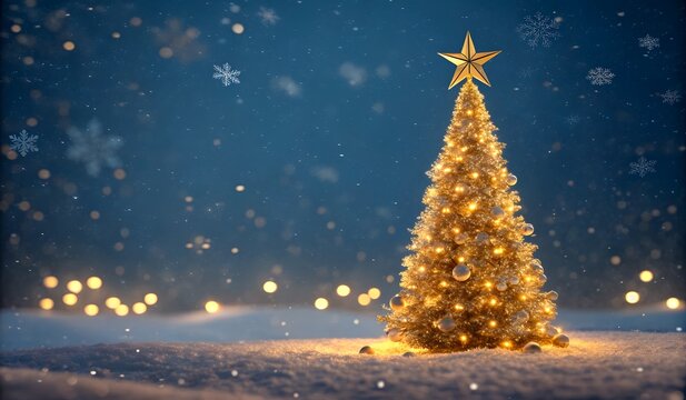 Spruce tree, Christmas tree and bokeh lights blue blur background. Merry Christmas and Happy Holidays greeting card, frame, banner. Winter xmas festive theme.