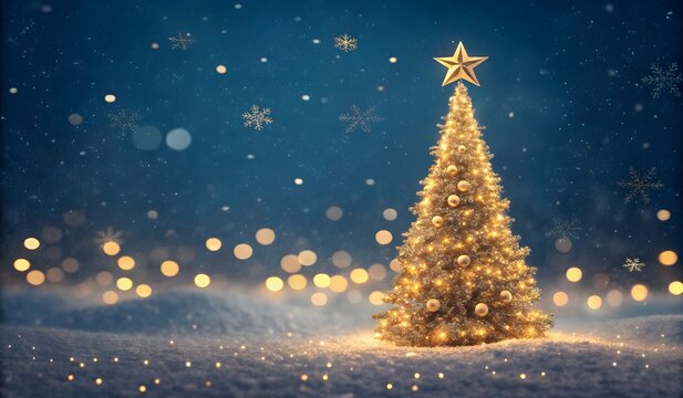 Spruce tree, Christmas tree and bokeh lights blue blur background. Merry Christmas and Happy Holidays greeting card, frame, banner. Winter xmas festive theme.