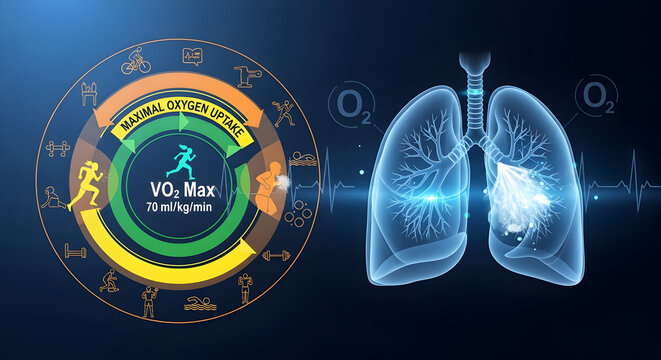 Illustration Depicting VO2max and Maximal Oxygen Uptake, Highlighting Cardiovascular Fitness, Respiratory Efficiency, and Physical Performance Metrics in Exercise Science Visualization