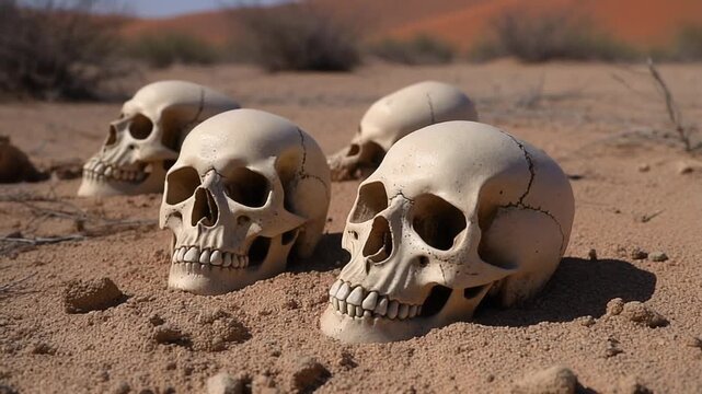 Close Up Of Several Skulls Lying On The Ground At Daytime In A Desert Environment