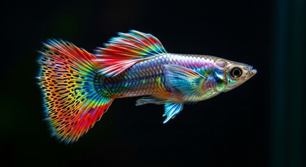 Colorful guppy swimming with flowing fins and vibrant tail patterns in clear water.