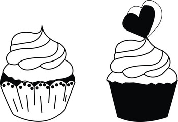 Elegant hand drawn black and white cupcake illustration on white background dessert treats
