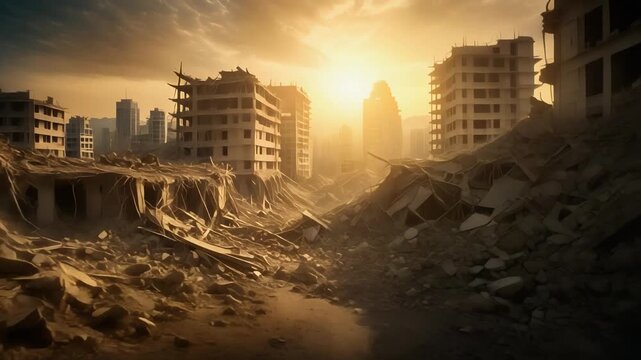 Dramatic Scene of Devastated City Buildings Illuminated by Golden Sunset Light