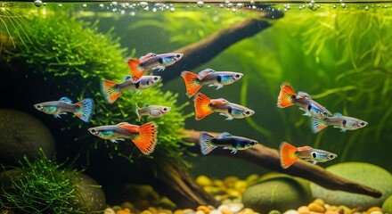 Colorful guppy swimming with flowing fins and vibrant tail patterns in clear water.