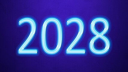 Glowing blue number design of 2028 on blue background.