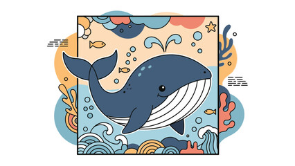 A charming cartoon illustration of a blue whale swimming in the ocean, surrounded by marine life. © Tutorialxxx18