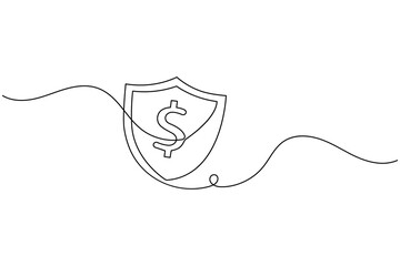 Continuous line drawing of financial protection shield with dollar.